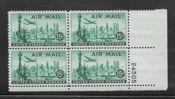 United States | 1947 New York Skyline Collectible Plate Block of Four 15-Cent US Airmail Postage Stamps Mint Never Hinged Bright blue green Stamp Bright blue green