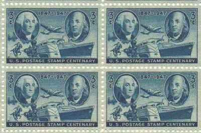 United States | 1947 US Postage Stamp Centenary Block of Four 3-Cent Stamps Mint Never Hinged Deep blue Stamp Deep blue