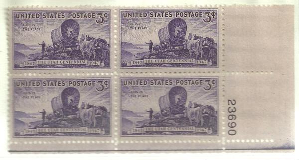 United States | 1947 Utah Centennial Collectible Plate Block of Four 3-Cent US Postage Stamps Dark violet Stamp Dark violet