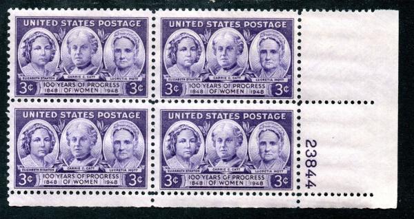 United States | 1948 100 Years of Progress of Women Plate Block of Four 3-Cent US Postage Stamps Mint Never Hinged Dark violet Stamp Dark violet