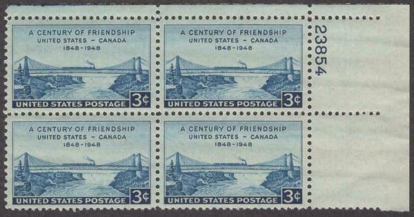 United States | 1948 A Century of Friendship United States Canada Plate Block of Four 3-Cent US Postage Stamps Mint Never Hinged Blue Stamp Blue