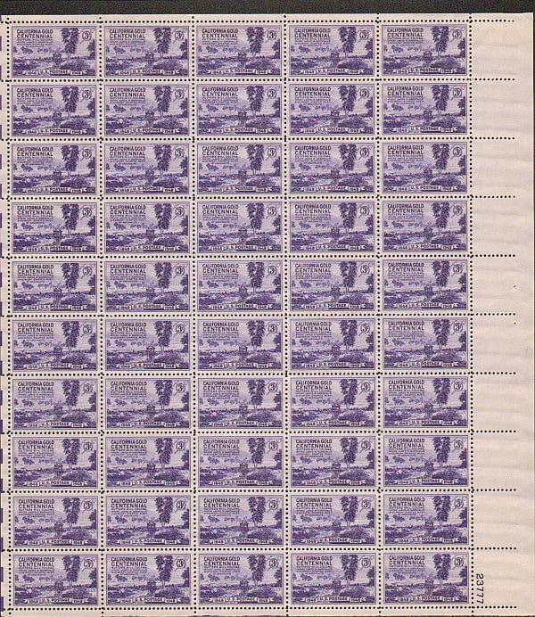 United States | 1948 California Gold Rush Centennial Sheet of Fifty 3-Cent United States Postage Stamps Dark violet Stamp Dark violet