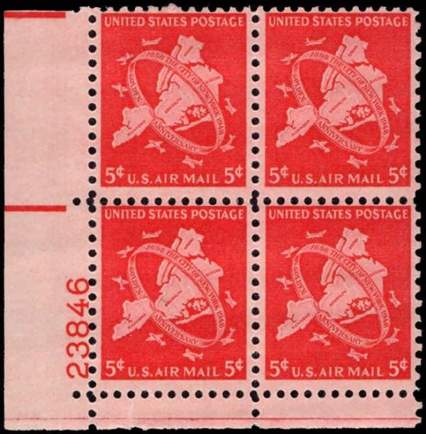 United States | 1948 New York City Jubilee Collectible Plate Block of Four 5-Cent US Air Mail Postage Stamps Bright carmine Stamp Bright carmine