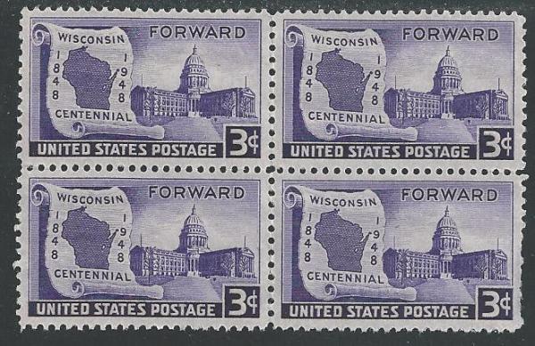 United States | 1948 Wisconsin Statehood Block of Four 3-Cent US Postage Stamps Mint Never Hinged Dark violet Stamp Dark violet