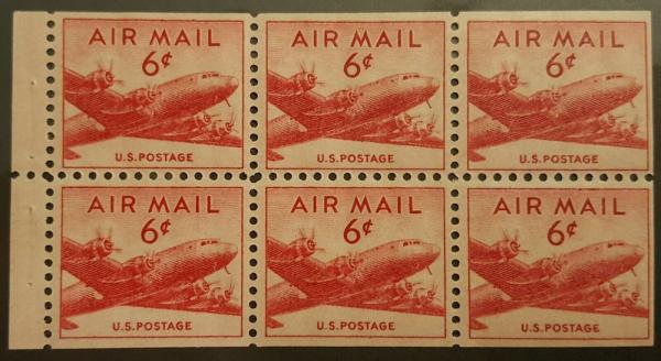 United States | 1949 DC-4 Skymaster Booklet Pane of Six 6-Cent US Airmail Postage Stamps Carmine Stamp Carmine