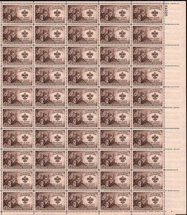 United States | 1950 Boy Scouts of America Sheet of Fifty 3-Cent United States Postage Stamps Sepia Stamp Sepia