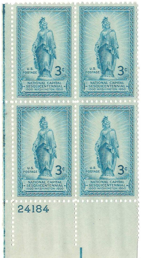 United States | 1950 Statue of Freedom on Capitol Dome Plate Block of Four 3-Cent US Postage Stamps Stamp United States