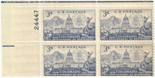 United States | 1951 Colorado Statehood Plate Block of 4 US Stamps Mint Never Hinged Stamp United States