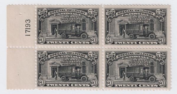 United States | 1951 Post Office Truck Plate Block of Four 20-Cent United States Special Delivery Postage Stamps Black Stamp Black