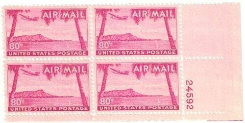 United States | 1952 Diamond Head Hawaii Plate Block of Four United States Air Mail 80-Cent Postage Stamps violet Stamp United States