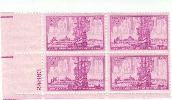 United States | 1953 300th Anniversary of New York City Plate Block of Four 3-Cent US Postage Stamps violet Stamp United States