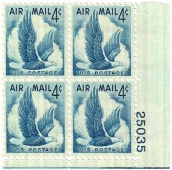 United States | 1954 Eagle in Flight Plate Block of Four 4-Cent United States Airmail Postage Stamps blue Stamp Blue