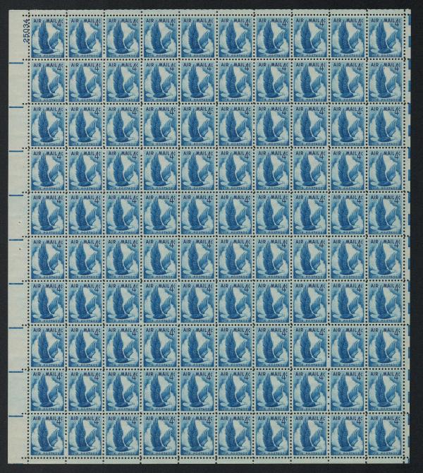 United States | 1954 Eagle in Flight Sheet of One Hundred US 4-Cent Air Mail Postage Stamps blue Stamp Blue