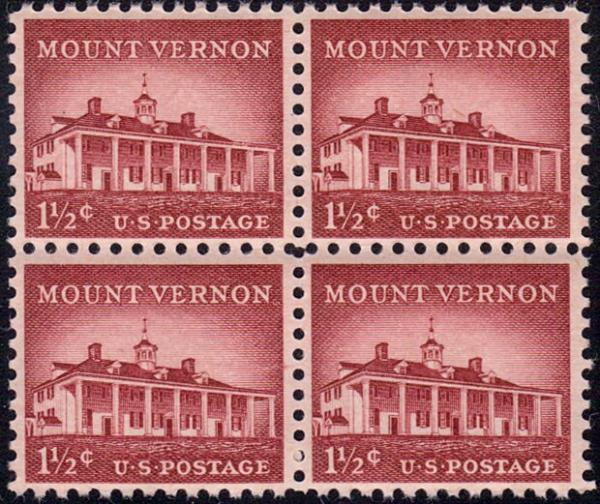 United States | 1956 1-1/2c Mount Vernon Block of 4 US Postage Stamps Mint Never Hinged Brown carmine Stamp Brown carmine