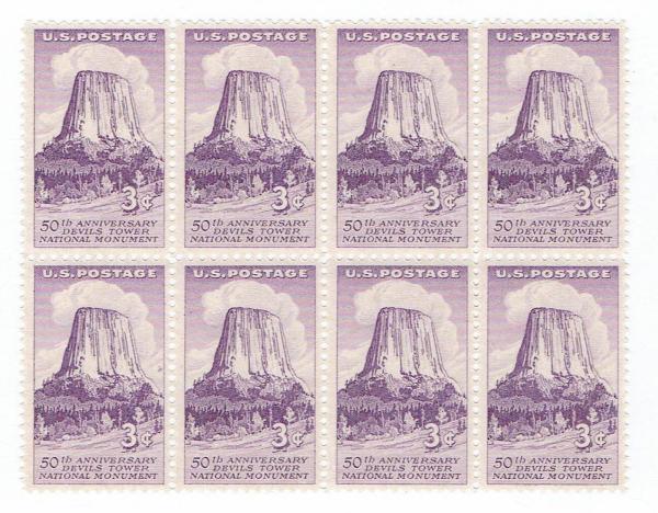 United States | 1956 Devils Tower Block of Eight 3-Cent US Postage Stamps Mint Never Hinged  Violet Stamp United States