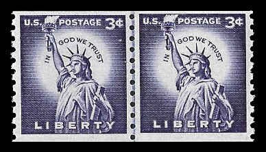 United States | 1956 Statue of Liberty Coil Line Pair of 3-Cent US Postage Stamps Mint Never Hinged  Deep violet Stamp Deep violet