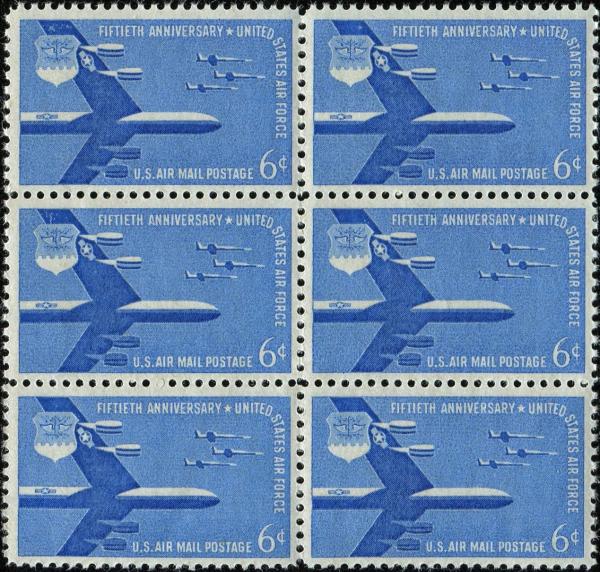 United States | 1957 Air Force 50th Anniversary Block of Six 6-Cent US Airmail Postage Stamps Mint Never Hinged Stamp United States