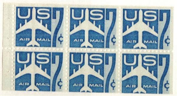 United States | 1958 Blue Jet Airliner Booklet Pane of Six 7-Cent US Air Mail Postage Stamps Blue Stamp Blue