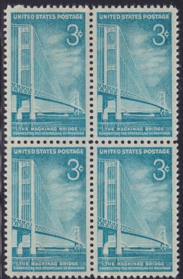 United States | 1958 Mackinac Bridge Block of Four 3-Cent US Postage Stamps Mint Never Hinged Bright greenish blue Stamp Bright greenish blue