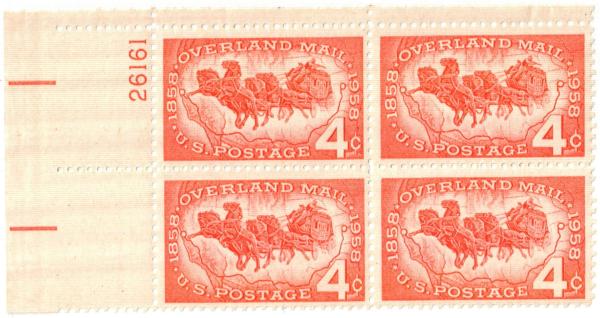 United States | 1958 Overland Mail Plate Block of Four 4-Cent US Postage Stamps Mint Never Hinged  Crimson rose Stamp Crimson rose