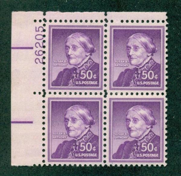 United States | 1958 Susan B. Anthony Plate Block of Four 50-Cent United States Postage Stamps Stamp United States