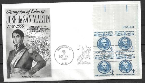 United States | 1959 Jose de San Martin Champion of Liberty First Day of Issue Cover With Plate Block of Four US Postage Stamps Stamp United States