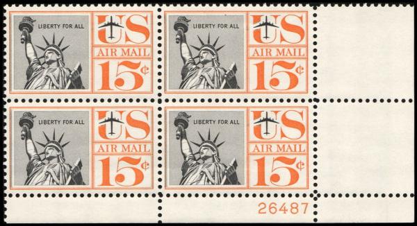 United States | 1959 Statue of Liberty Plate Block of Four 15-Cent United States Air Mail Postage Stamps Black and orange with full orange border Stamp Black & orange with full orange border