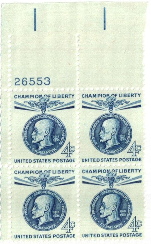 United States | 1960 Champion of Liberty Thomas G Masaryk Plate Block of Four 4-Cent United States Postage Stamps  Dull blue Stamp Dull blue