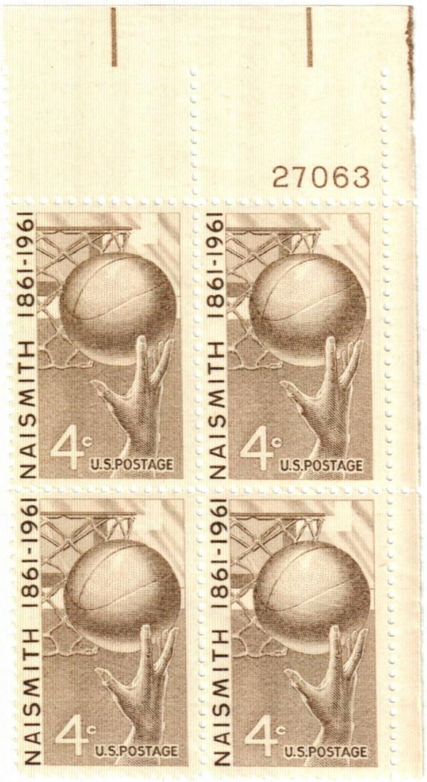 United States | 1961 Naismith Centenary of Basketball Plate Block of Four US 4-Cent Postage Stamps Mint Never Hinged Stamp United States