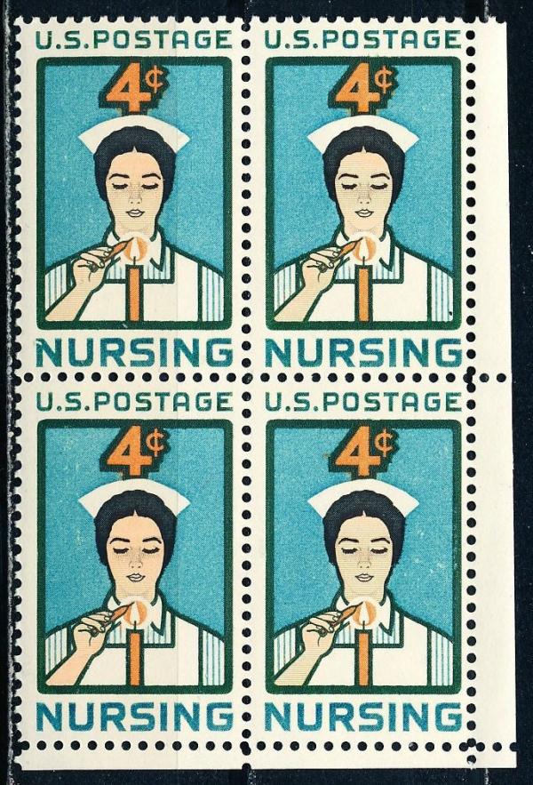 United States | 1961 Nursing Block of Four 4-Cent US Postage Stamps Mint Never Hinged Blue, green, orange and black Stamp Blue, green, orange & black