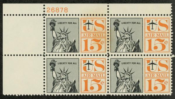 United States | 1961 Statue of Liberty Plate Block of Four 15-Cent United States Air Mail Postage Stamps Black and orange Stamp Black & orange