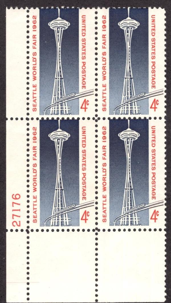 United States | 1962 Seattle World’s Fair Collectible Plate Block of Four 4-Cent United States Postage Stamps Red and blue Stamp Red & blue