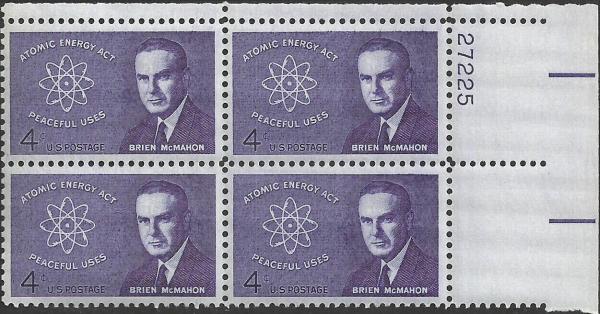 United States | 1962 Senator Brien McMahon Plate Block of Four 4-Cent United States Postage Stamps Purple Stamp Purple