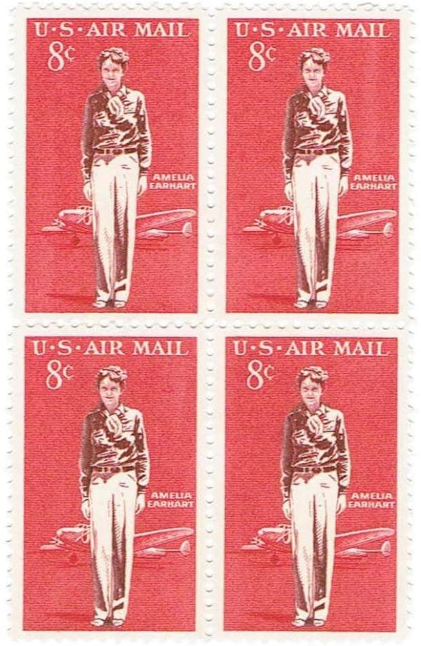 United States | 1963 Amelia Earhart Block of Four 8-Cent US Airmail Stamps Mint Never Hinged Carmine and Maroon Stamp Carmine & Maroon