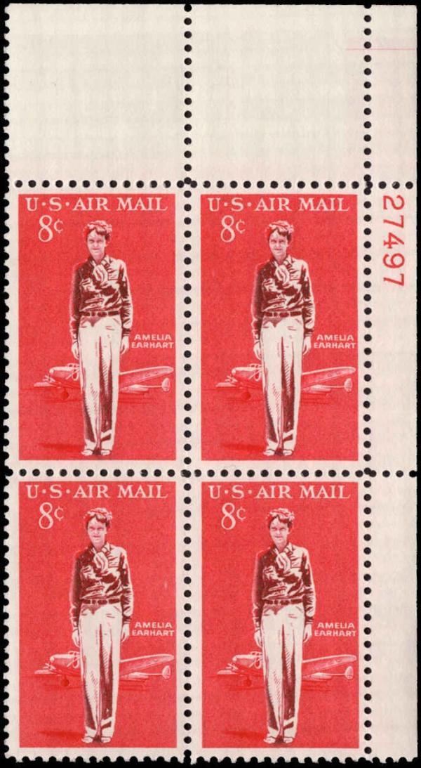 United States | 1963 Amelia Earhart Plate Block of Four 8-Cent United States Airmail Postage Stamps Carmine and Maroon Stamp Carmine & Maroon