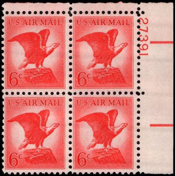 United States | 1963 Bald Eagle Plate Block of Four 6-Cent United States Air Mail Postage Stamps Stamp United States