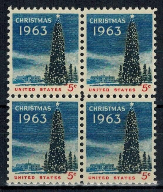 United States | 1963 Christmas Tree and the White House Block of Four 5-Cent US Postage Stamps Mint Never Hinged Dark blue, bluish black and red Stamp Dark blue, bluish black & red