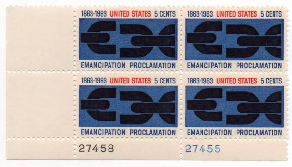 United States | 1963 Emancipation Proclamation Plate Block of Four 5-Cent United States Postage Stamps Dark blue, black and red Stamp Dark blue, black & red