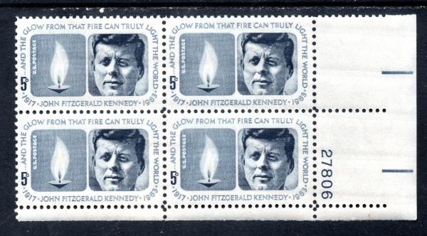 United States | 1964 Kennedy Memorial Plate Block of Four 5-Cent US Postage Stamps Mint Never Hinged Blue gray Stamp Blue gray