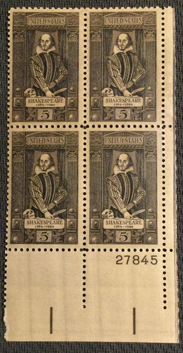 United States | 1964 William Shakespeare Plate Block of Four 5-Cent United States Postage Stamps Blackish brown on tan paper Stamp Blackish brown on tan paper