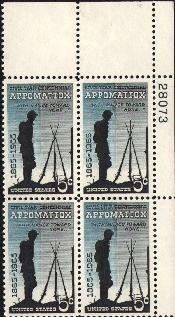 United States | 1965 Civil War Centennial Surrender at Appomattox Plate Block of Four 5-Cent US Postage Stamps Stamp United States