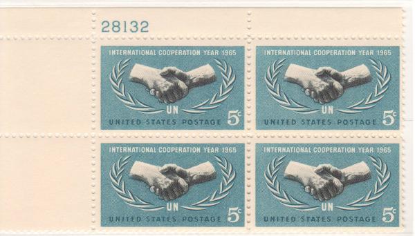 United States | 1965 International Cooperation Year Plate Block of Four 5-Cent US Postage Stamps Mint Never Hinged Dull blue and black Stamp Dull blue & black