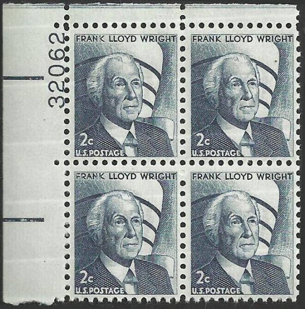 United States | 1966 Frank Lloyd Wright Plate Block of Four 2-Cent United States Postage Stamps Stamp United States