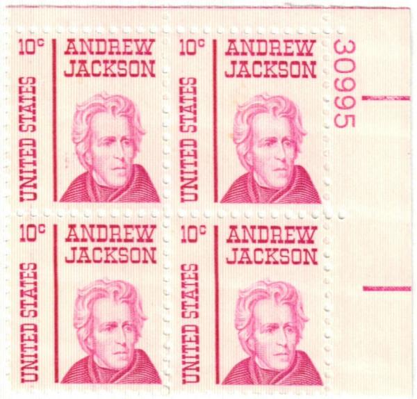 United States | 1967 Andrew Jackson Plate Block of Four 10-Cent United States Postage Stamps Lilac Stamp Lilac