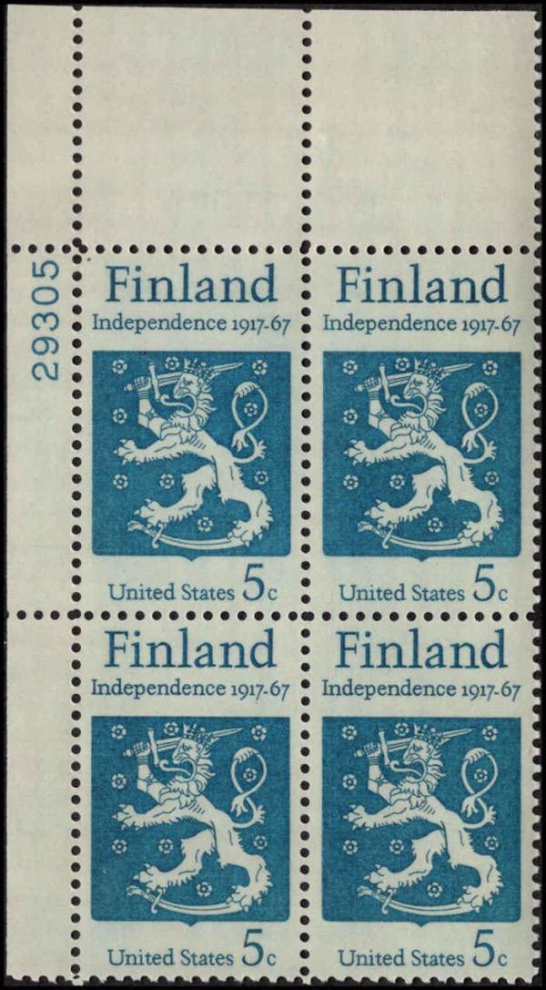 United States | 1967 Finland Independence Plate Block of Four 5-Cent US Postage Stamps Stamp United States