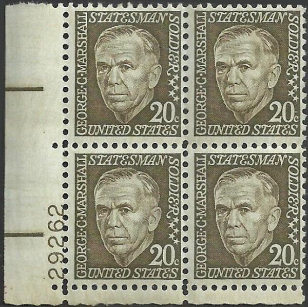 United States | 1967 George C Marshall Plate Block of Four 20-Cent United States Postage Stamps Deep olive Stamp Deep olive