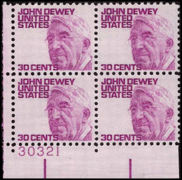 United States | 1968 Prominent American John Dewey Plate Block of Four 30-Cent US Postage Stamps Mint Never Hinged Red lilac Stamp Red lilac