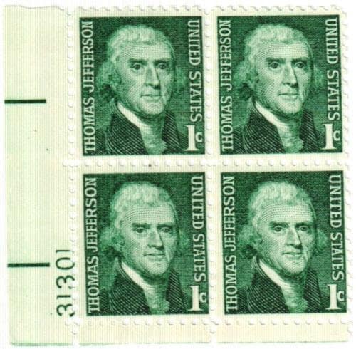 United States | 1968 Thomas Jefferson Plate Block of Four 1-Cent United States Postage Stamps Green Stamp Green