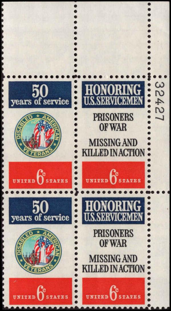 United States | 1970 Disabled American Veterans and Servicemen POW MIA Plate Block of Four 6-Cent US Postage Stamps Mint Never Hinged Dark blue, black and red Stamp Dark blue, black & red