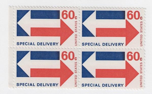 United States | 1971 Arrows Block of Four 60-Cent United States Special Delivery Postage Stamps Violet blue and carmine Stamp United States